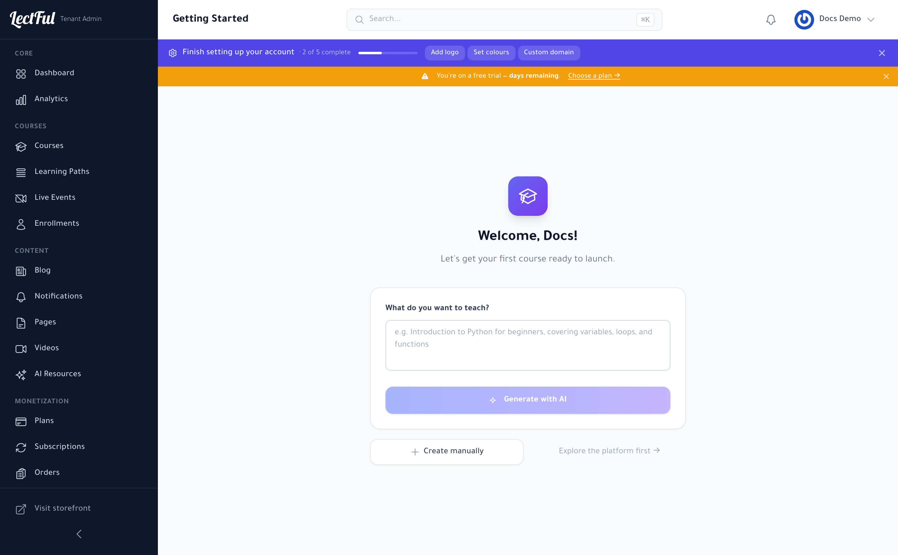 The AI Course Builder on the admin welcome screen — "What do you want to teach?"