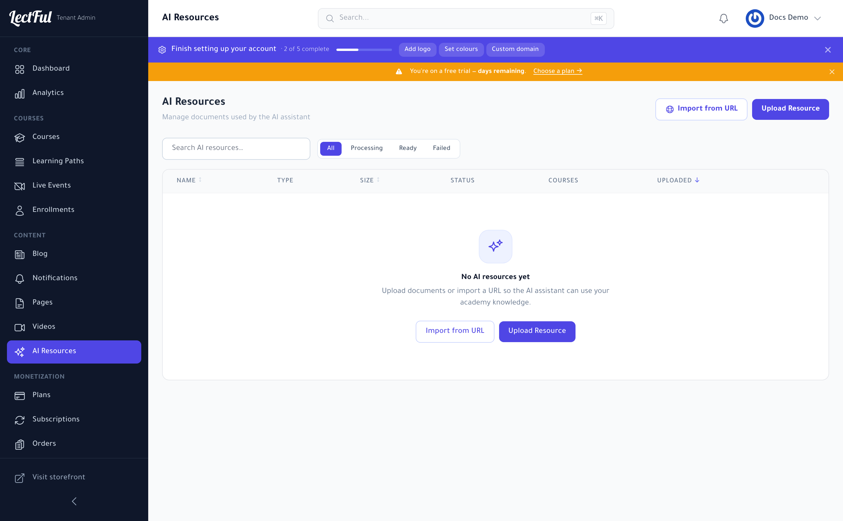 The AI Resources page — documents that power the AI assistant, with Upload Resource and Import from URL