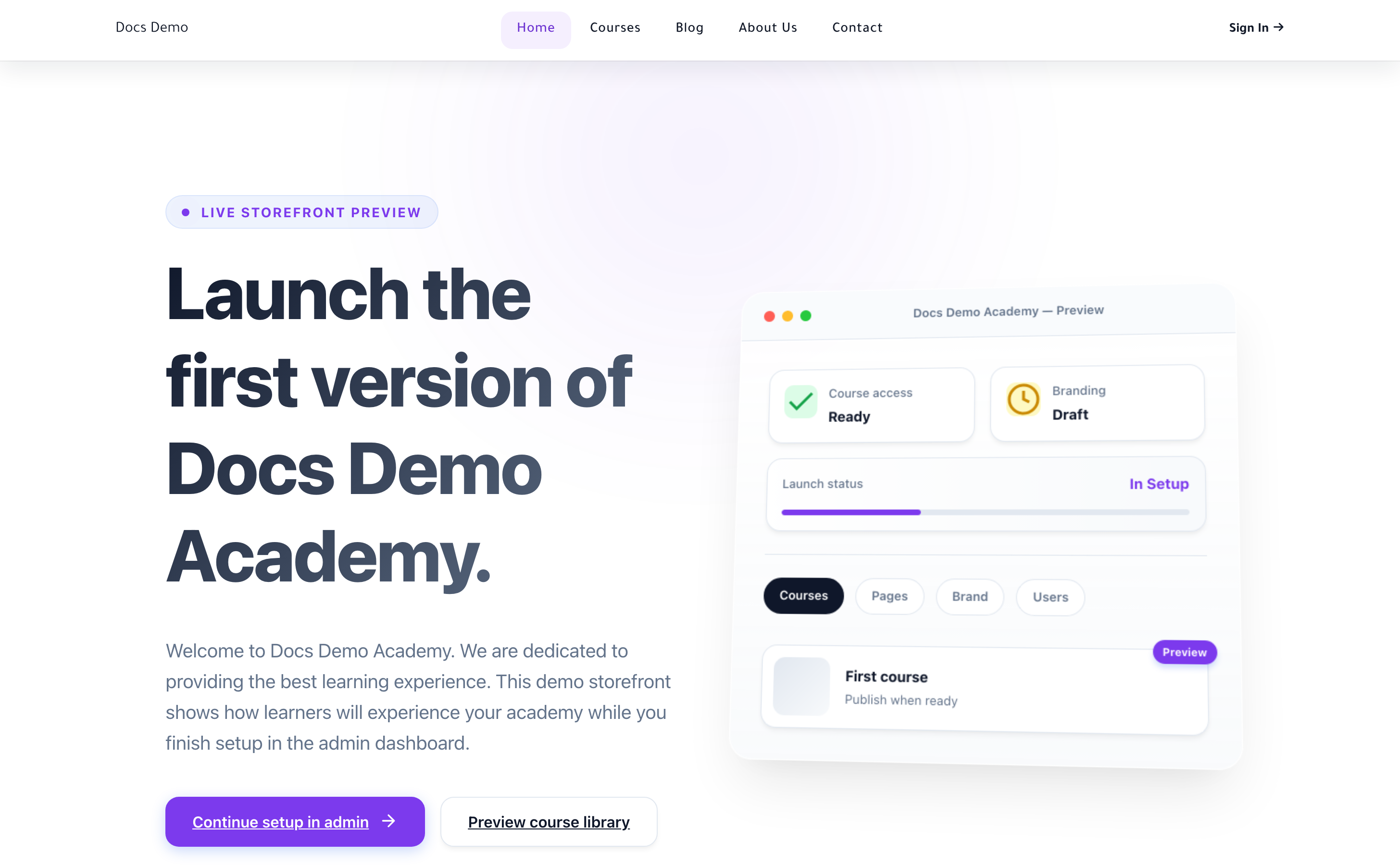 The learner-facing storefront home page