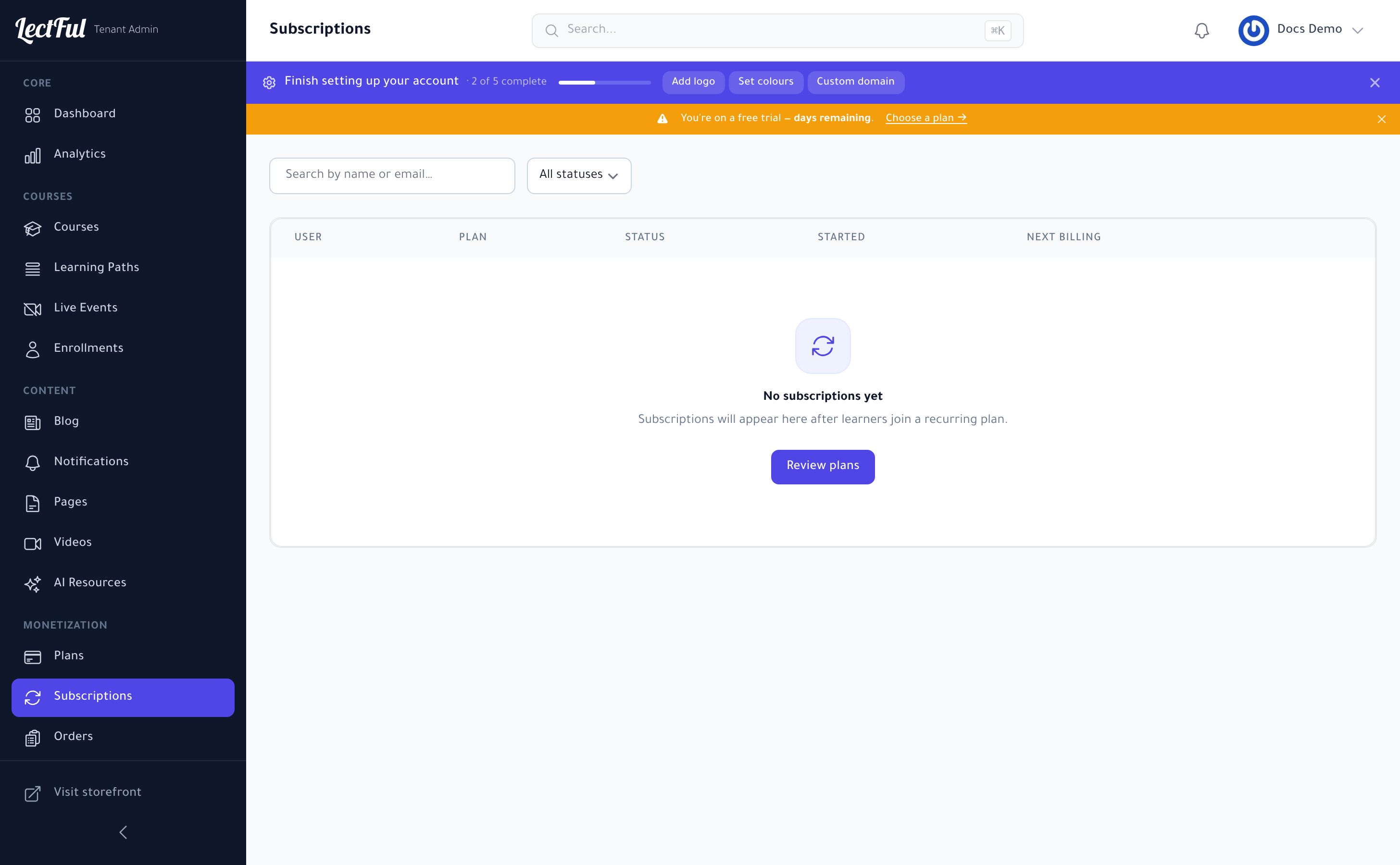 The Subscriptions page — active recurring members