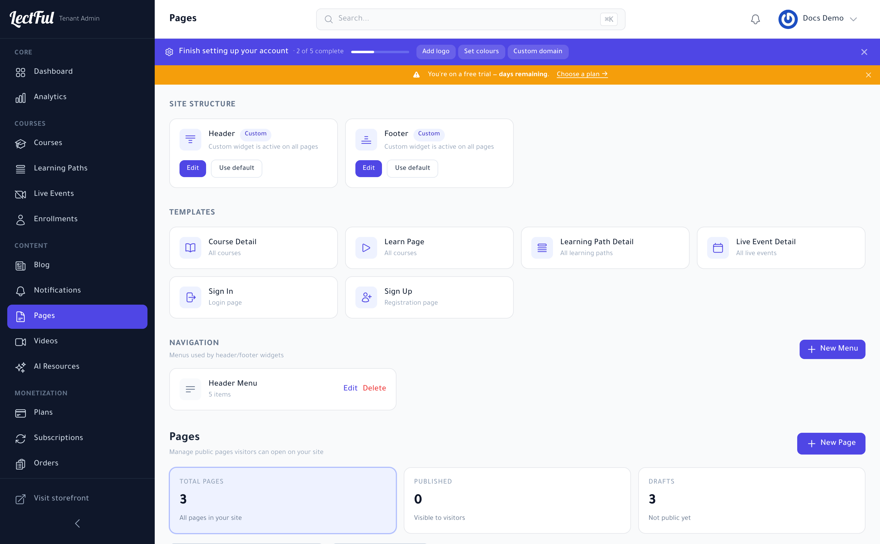 The Lectful Pages area — site structure (header/footer), templates, navigation menus, and custom pages