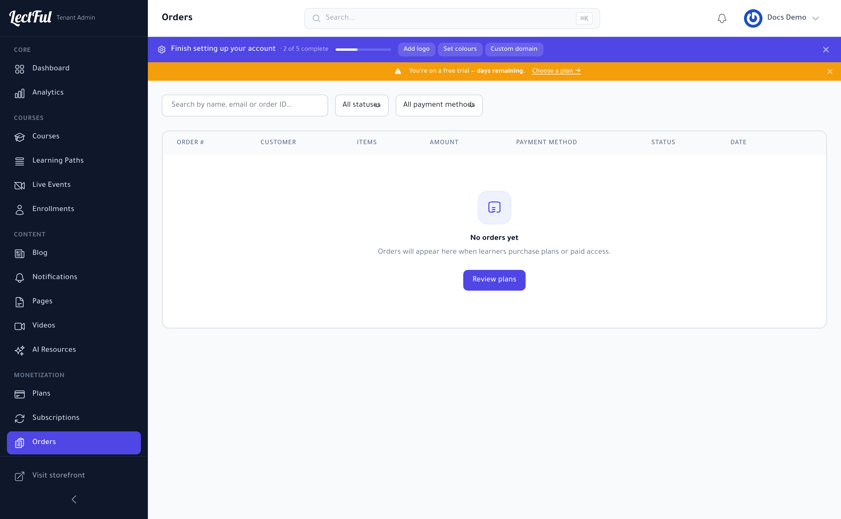 The Orders page — every purchase in your academy
