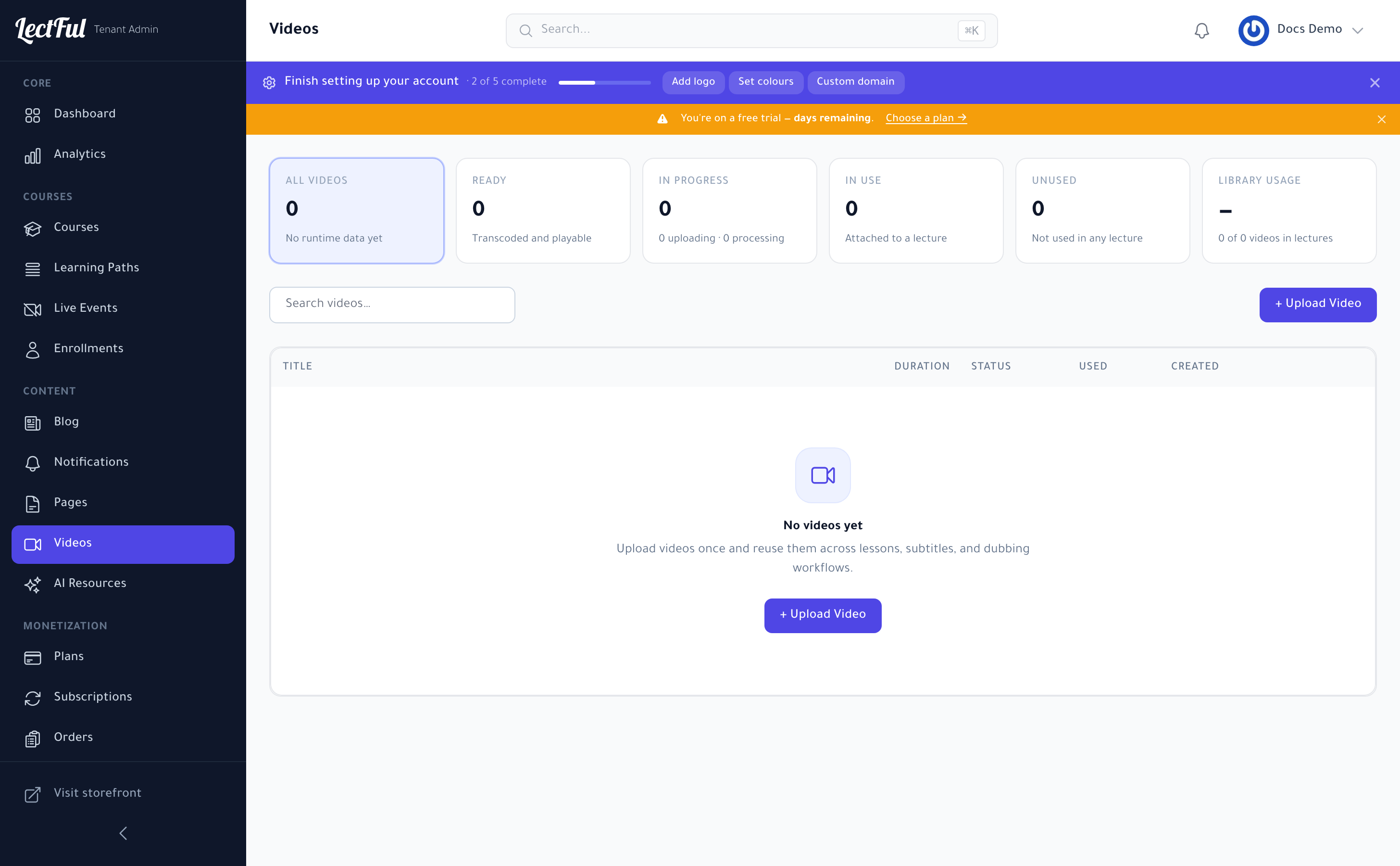 The Lectful Videos library — upload once, reuse across lessons, with subtitle and dubbing workflows
