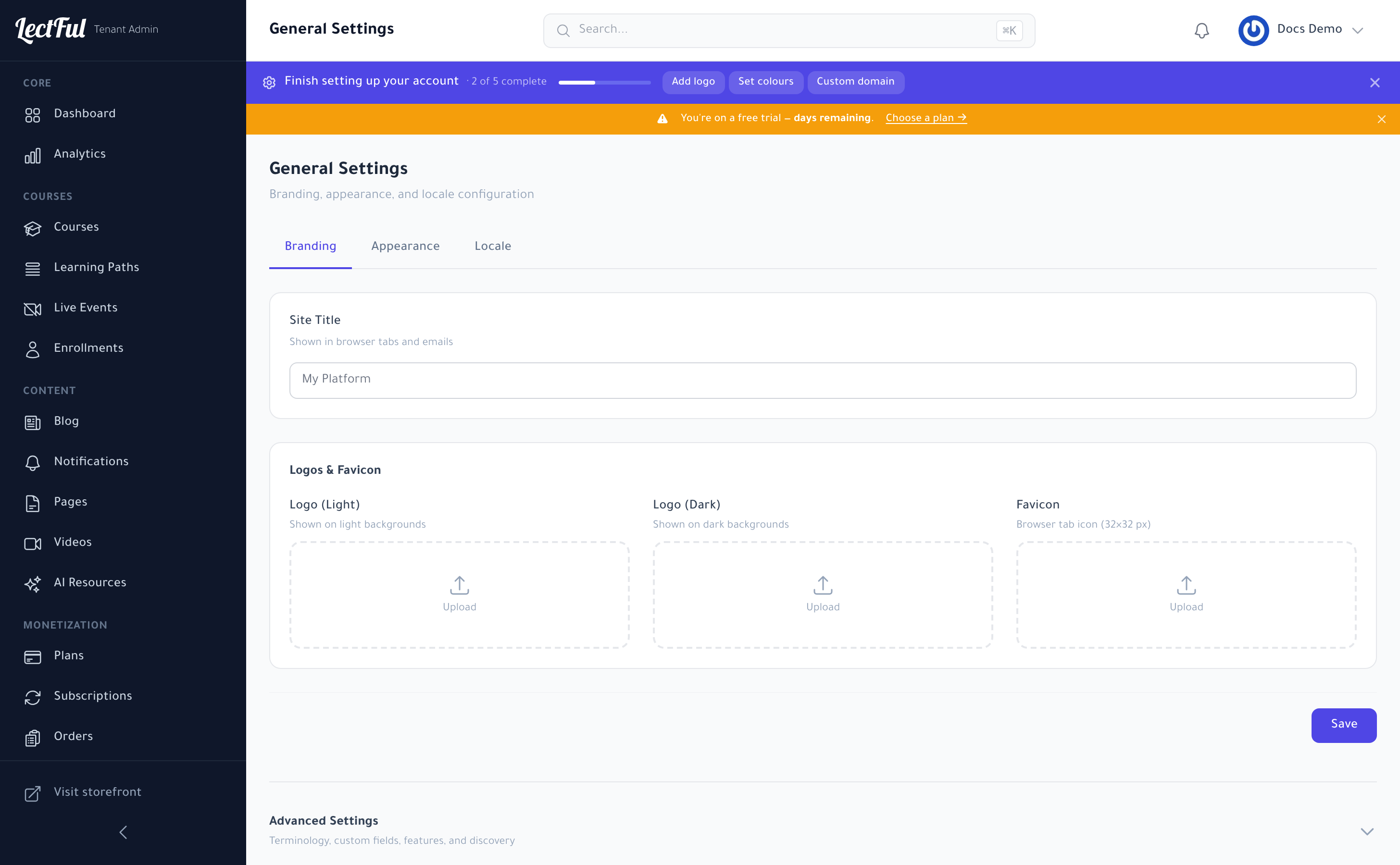 General Settings in Lectful — Branding, Appearance, and Locale tabs