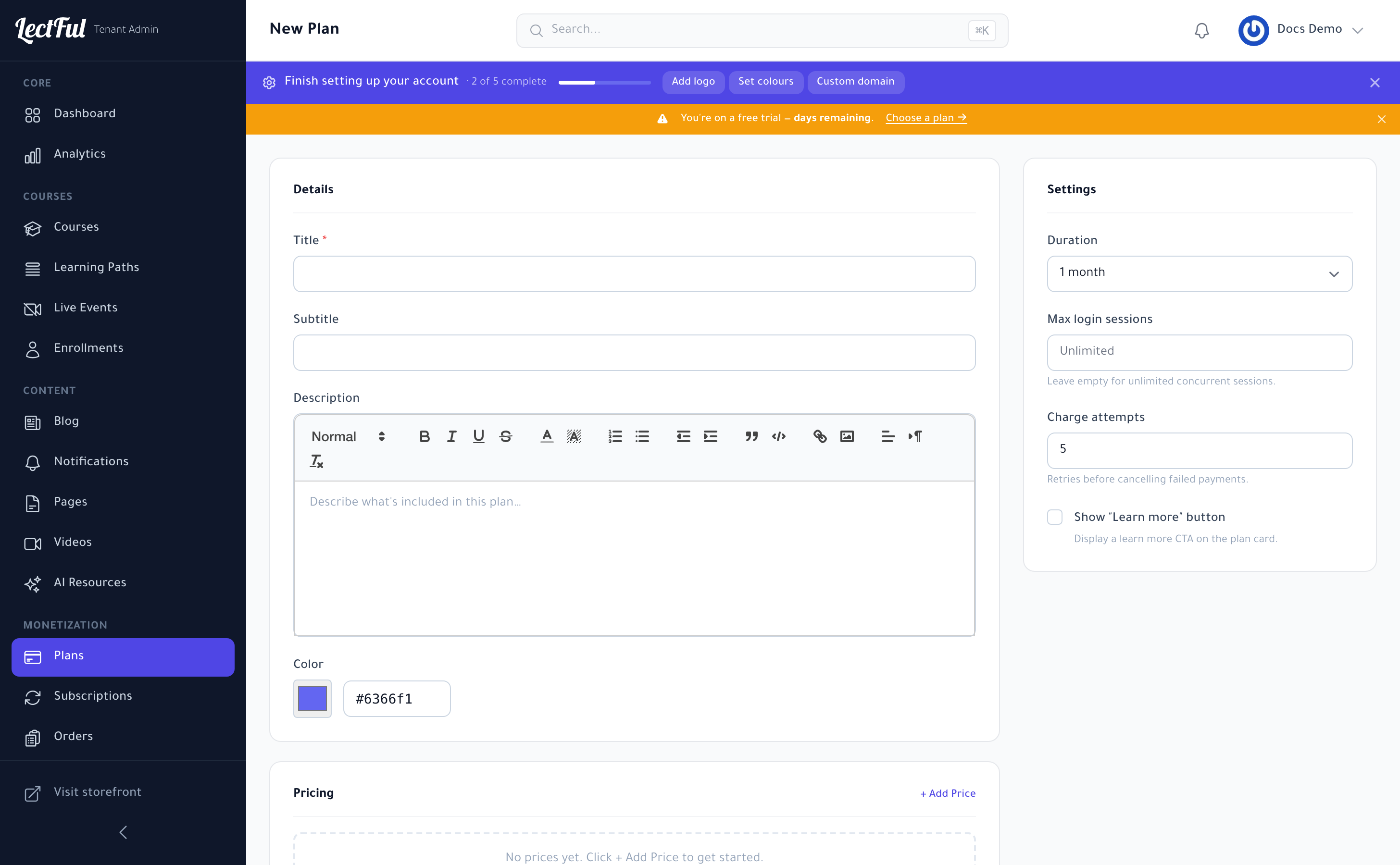 Creating a new plan in Lectful — details, settings, pricing, and included courses