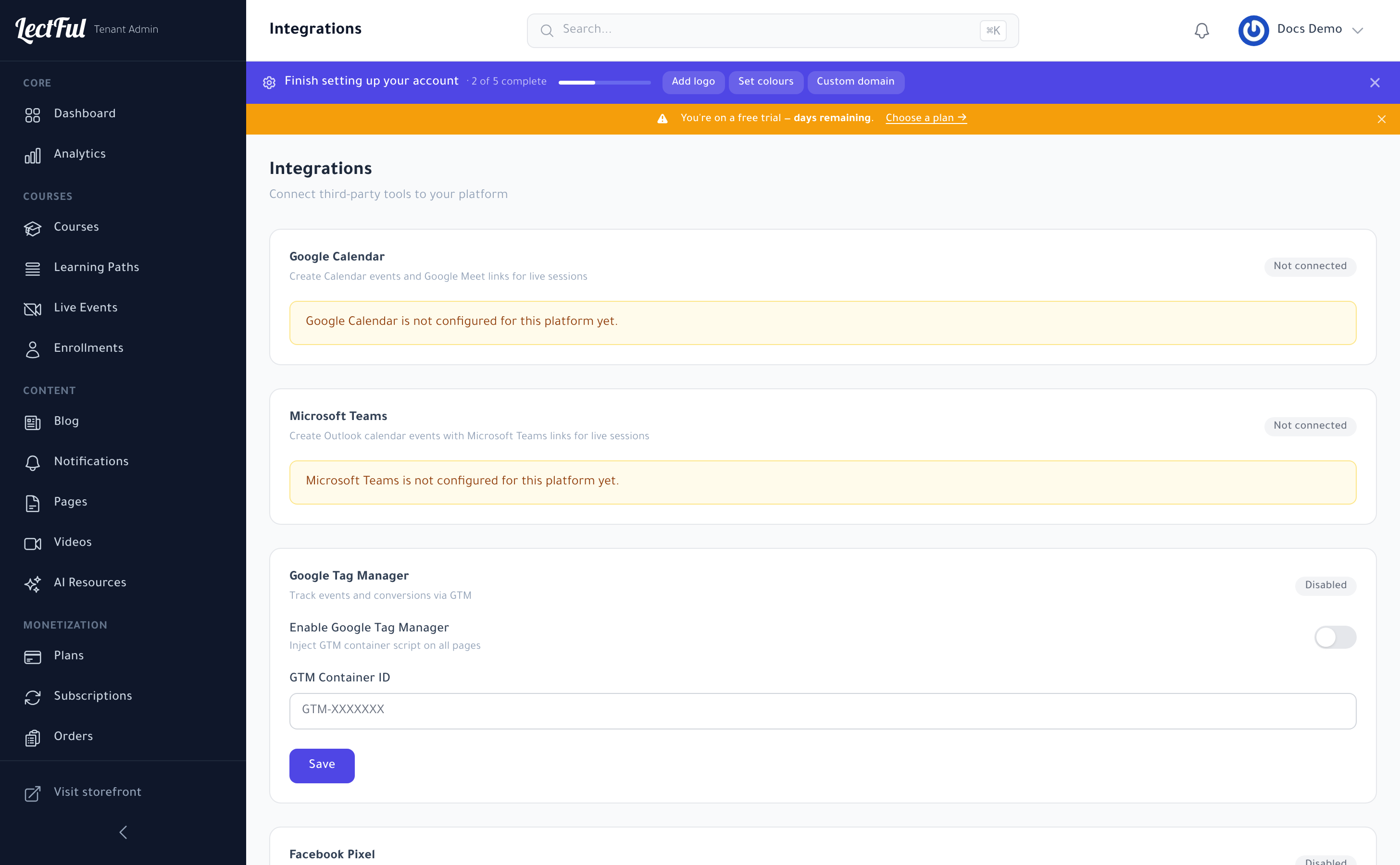 Integrations under Settings in Lectful