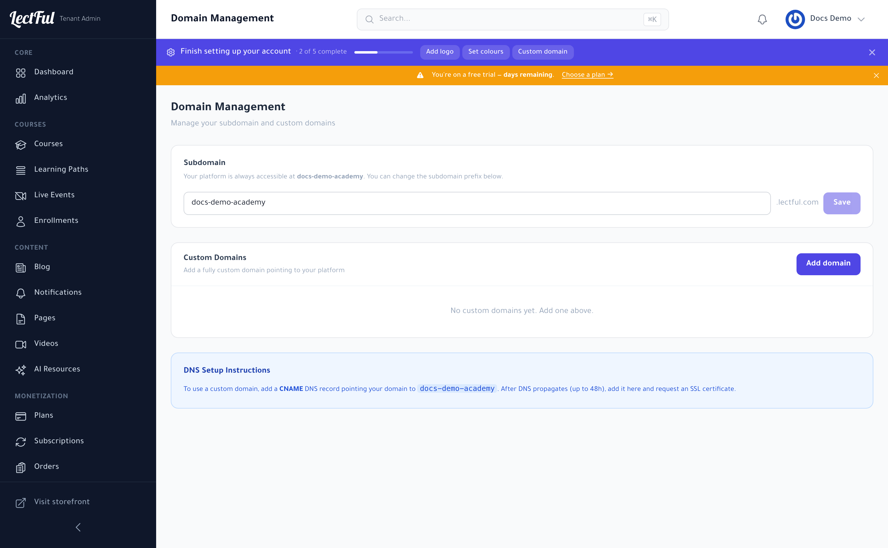 Domain Management in Lectful — change your subdomain or add a custom domain with DNS instructions