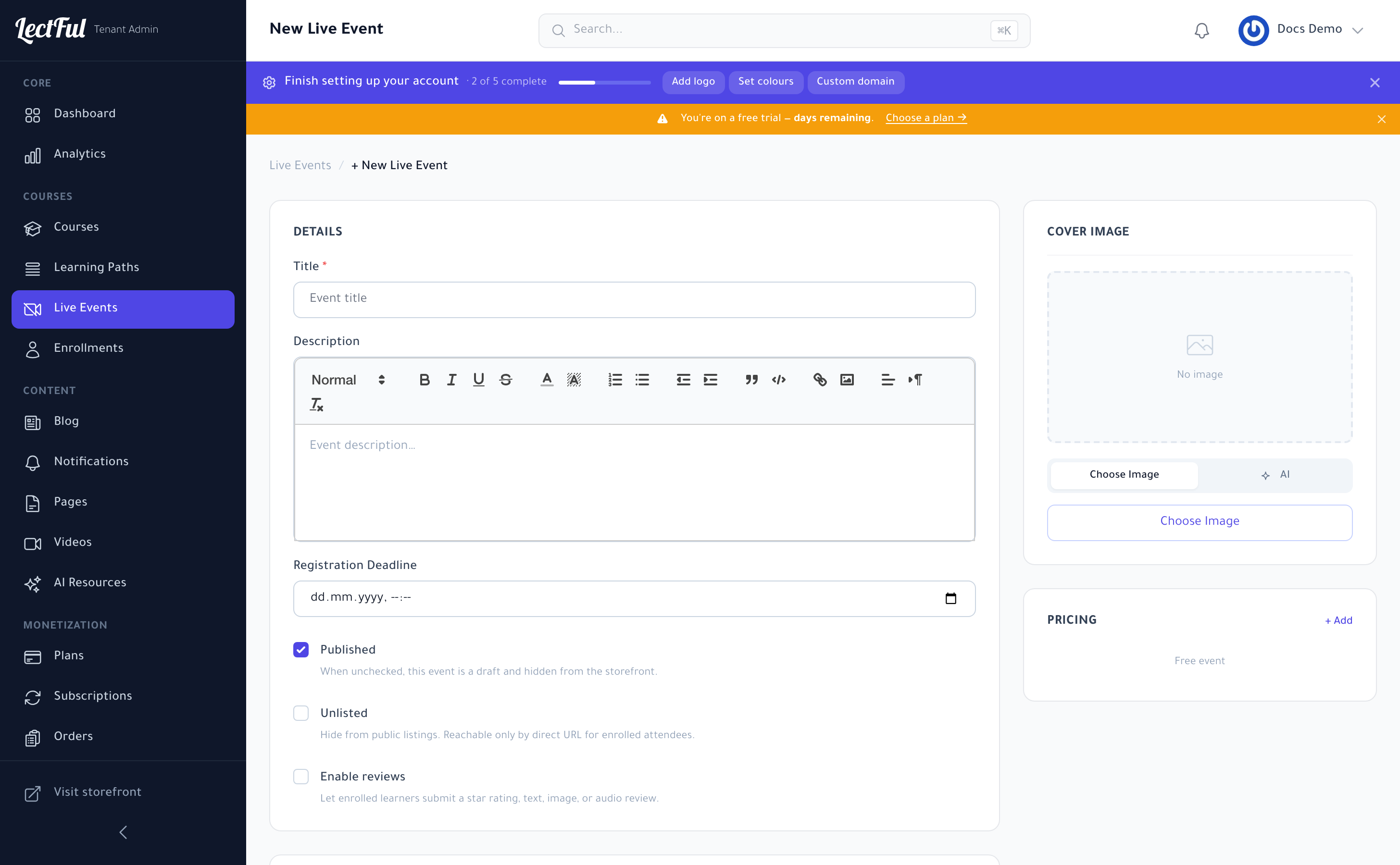 Creating a live event in Lectful, with the Google Meet / Microsoft Teams meeting providers