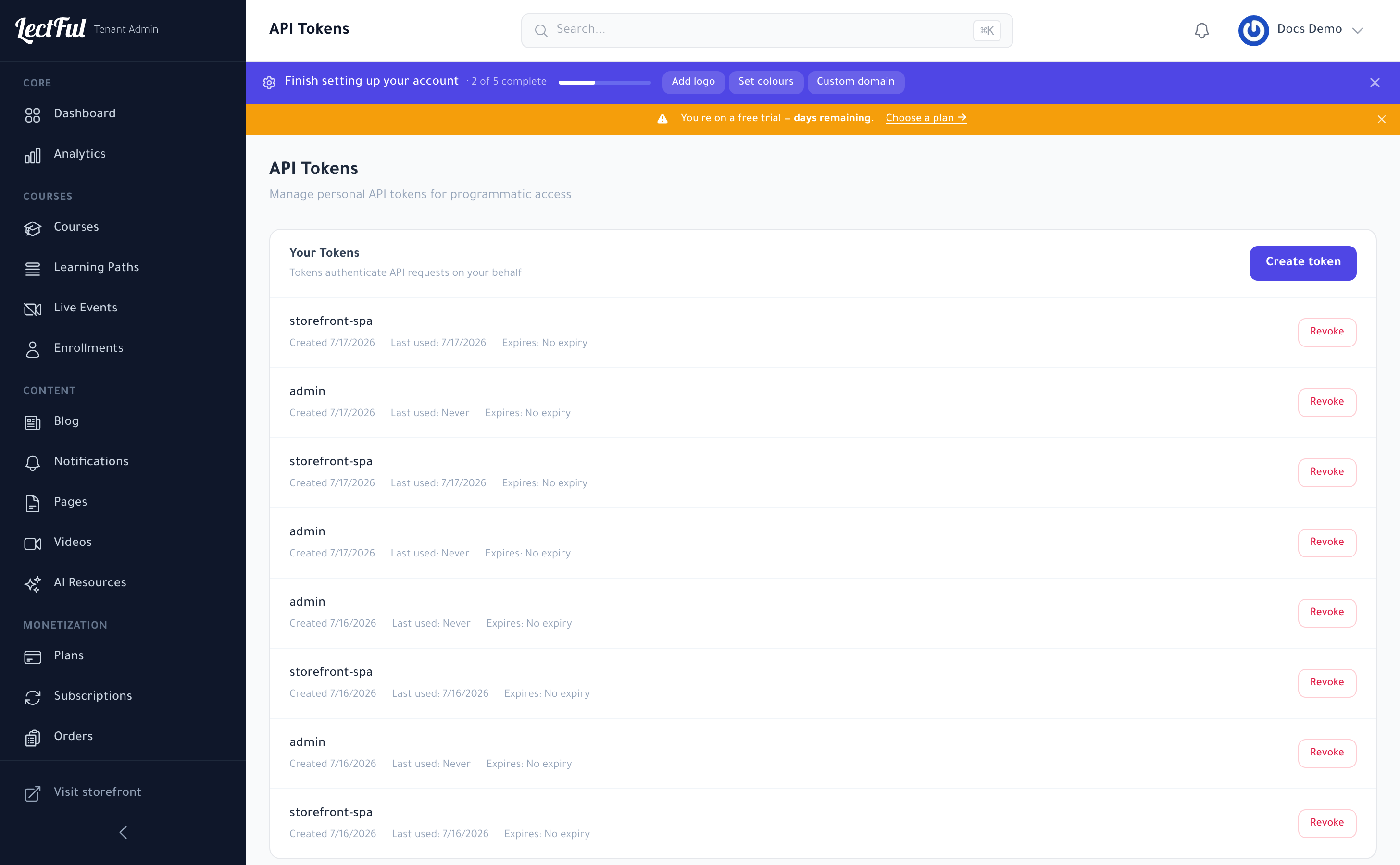 API Tokens under Settings in Lectful