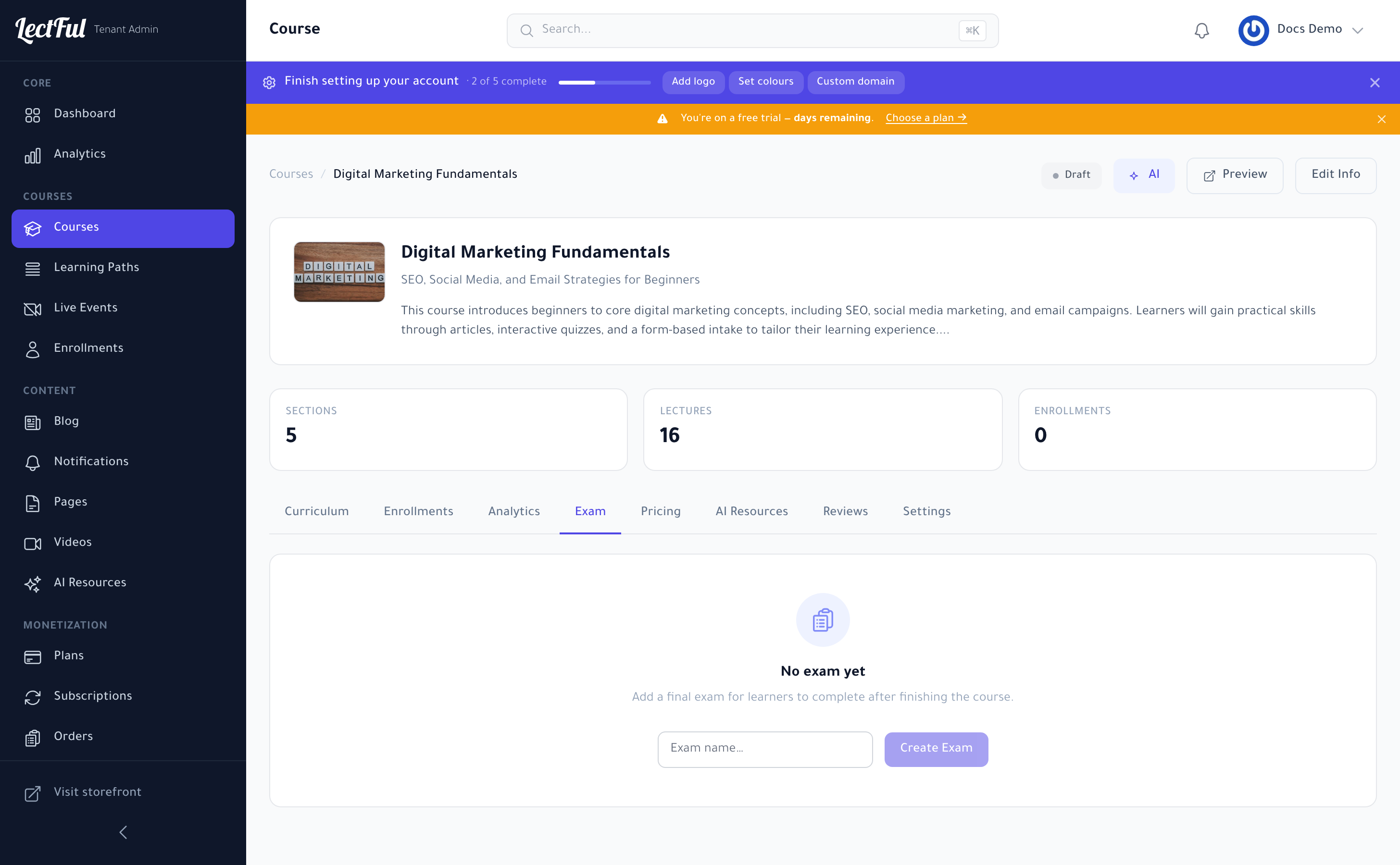 The Exam tab on a course — name your exam and click Create Exam