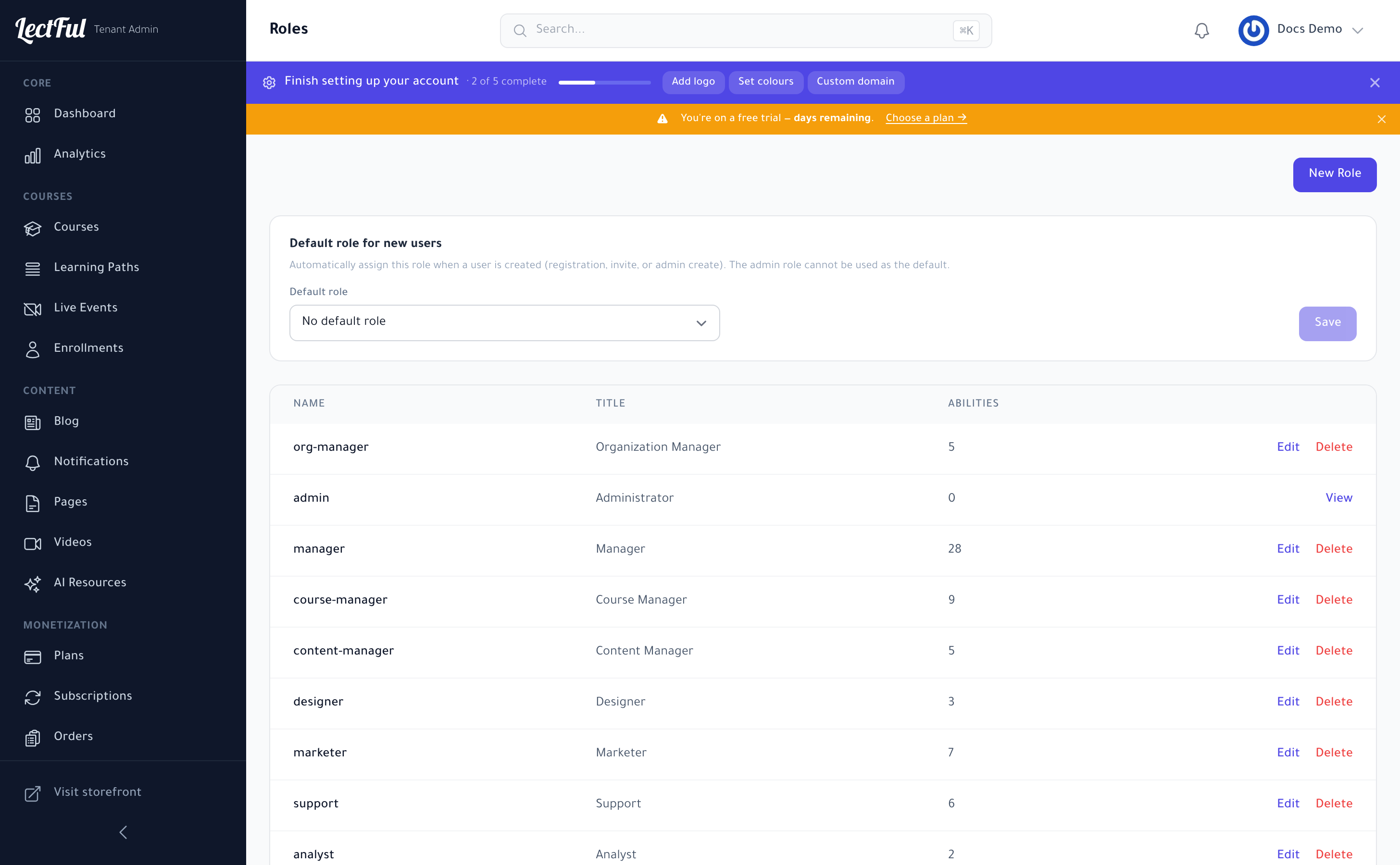 The Roles page in Lectful — built-in roles, custom roles, and the default role for new users