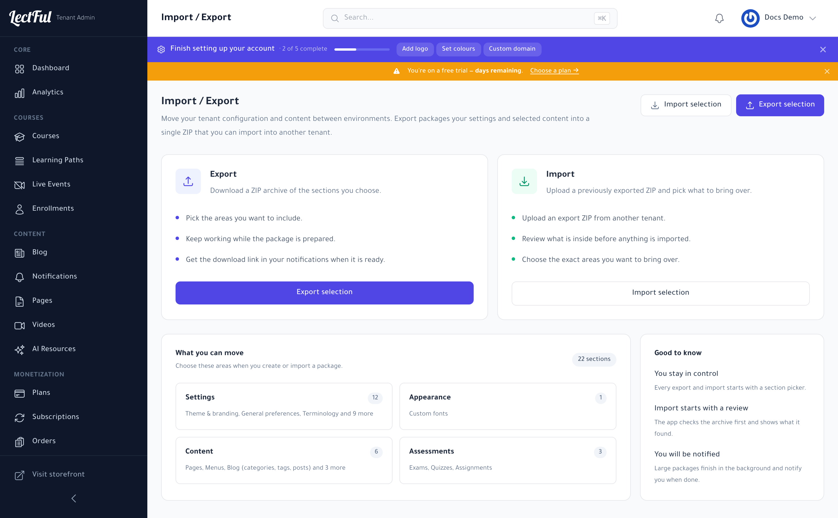 Import / Export in Lectful — move settings and content between academies