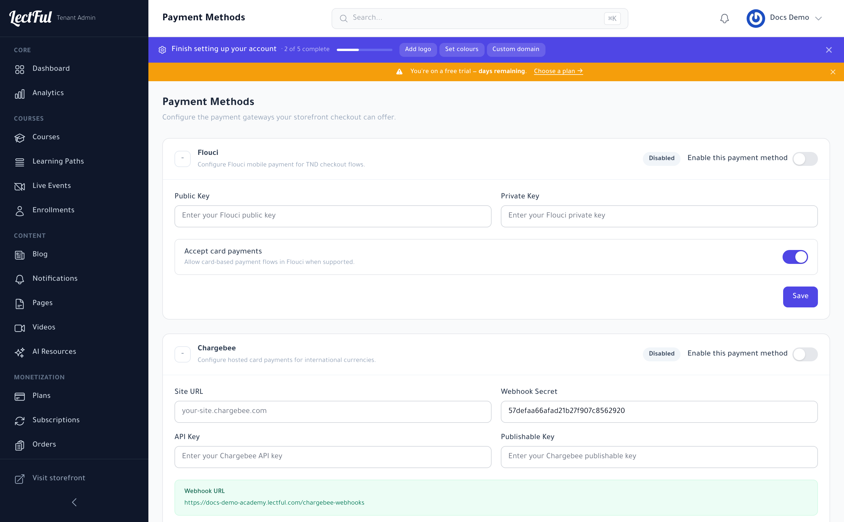 Payments settings in Lectful — connect Stripe, PayPal, or Mangopay