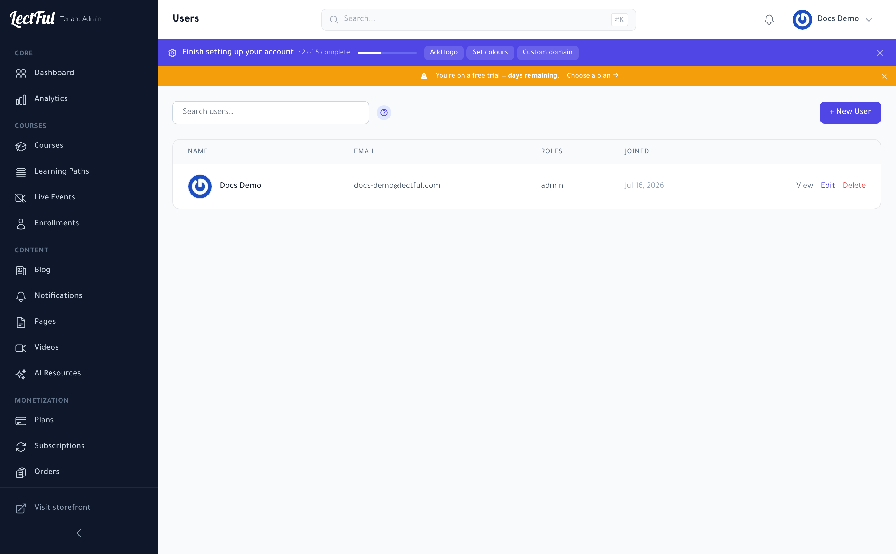 The Users page in Lectful — manage everyone in your academy