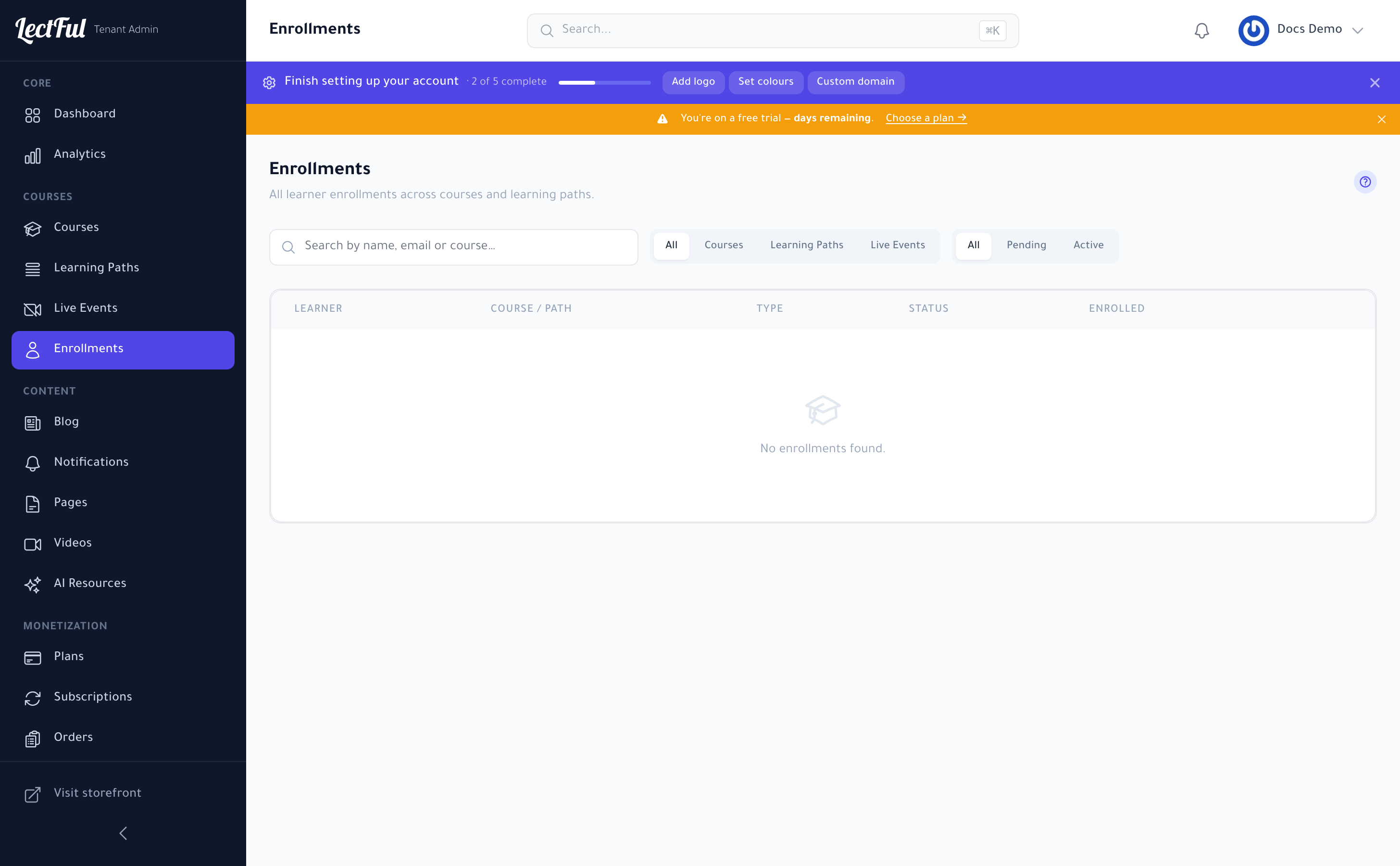The Enrollments page — manage who has access to your courses and plans