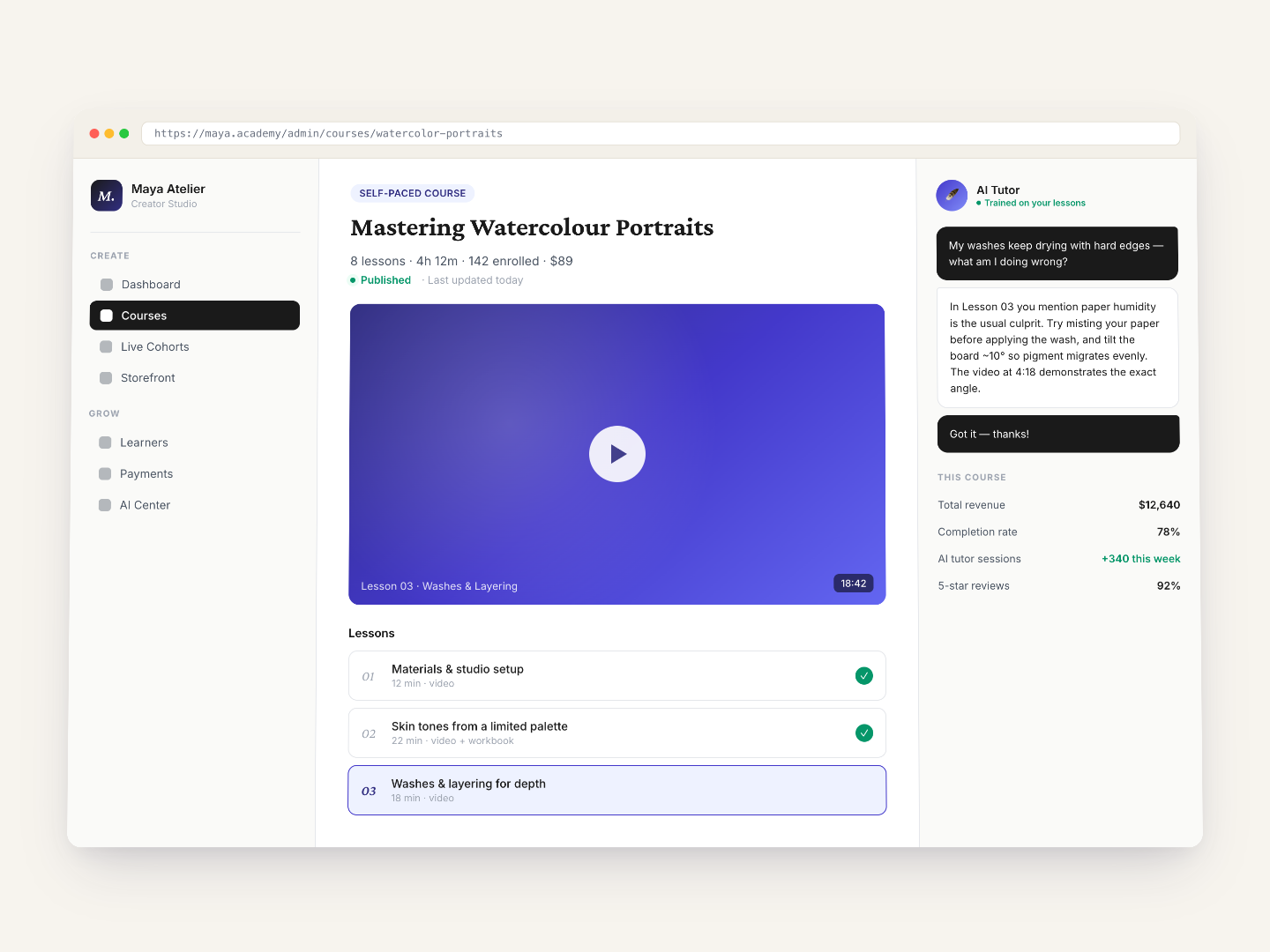 Course studio with AI tutor sidebar