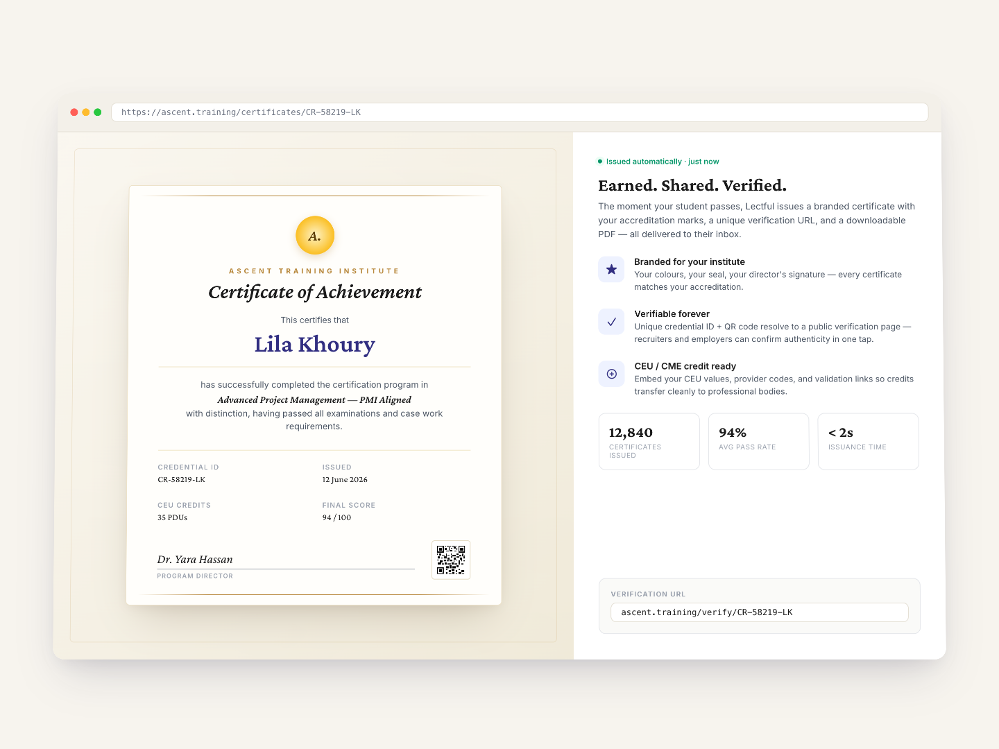 Branded certificate of achievement with QR verification