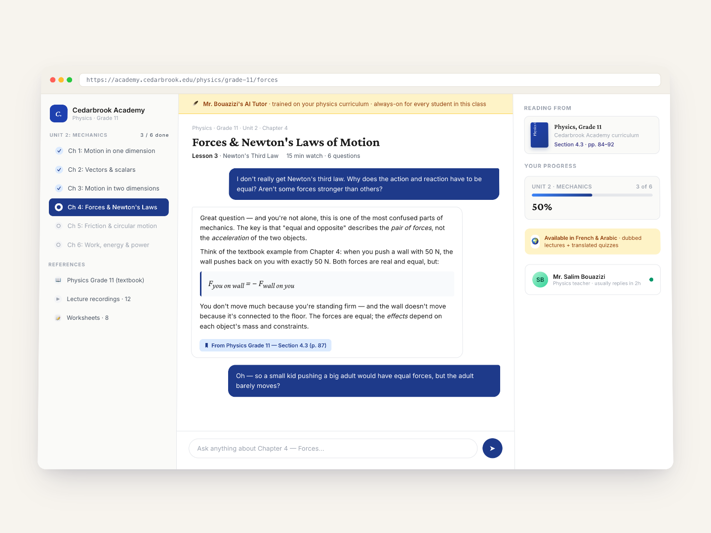 AI tutor chat panel with curriculum context